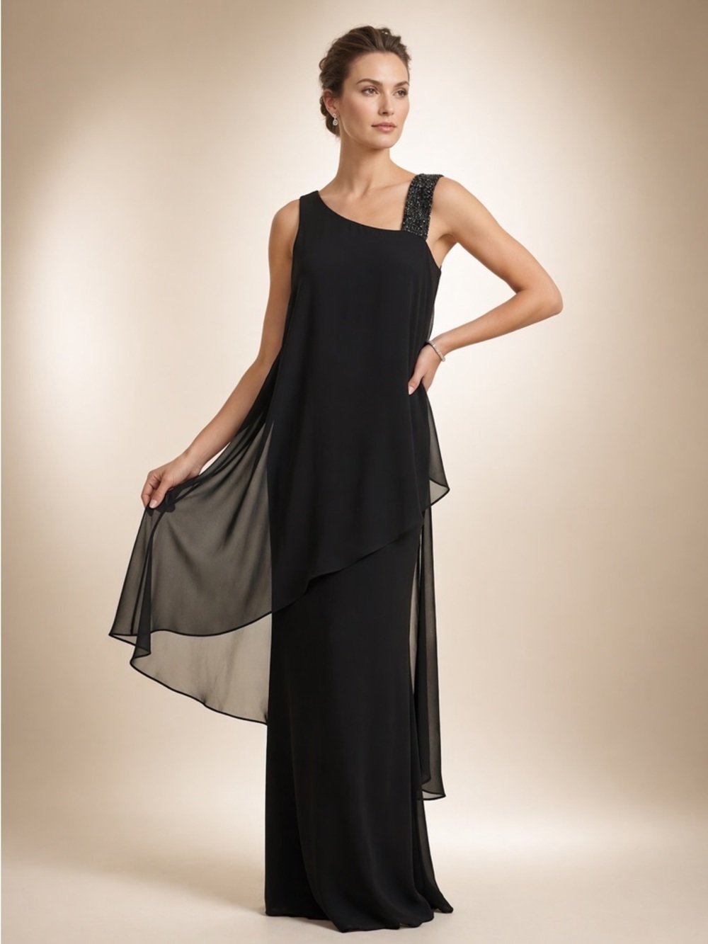 Frank Lyman Design Black Tie Chiffon Wedding Guest Evening Dress Long Size 4